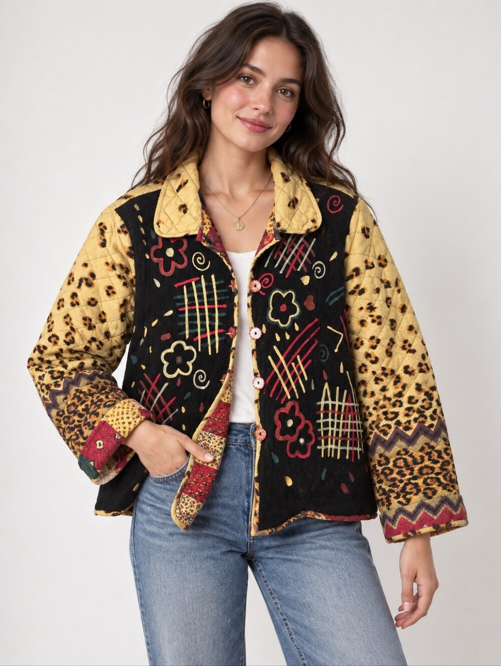 Reversible Quilted Patchwork Leopard Print Art to Wear Boho Jacket Colorful L/XL